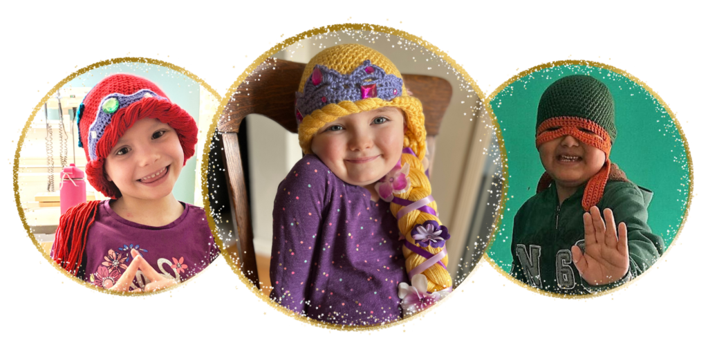 Three children wearing Ariel, Rapunzel, and Ninja Turtle character wigs