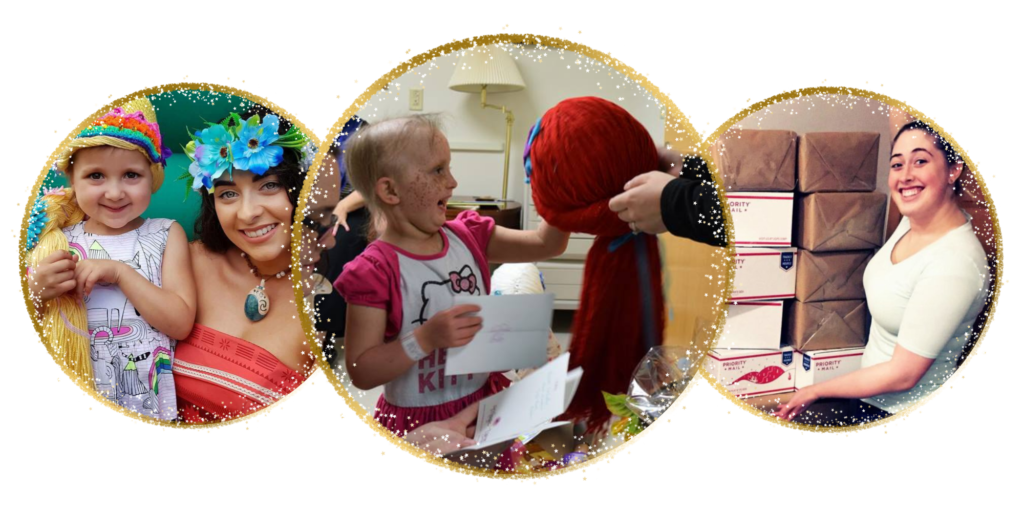 Three pictures show a child wearing a rainbow wig, a child opening a box, and a stack of boxes ready to be mailed